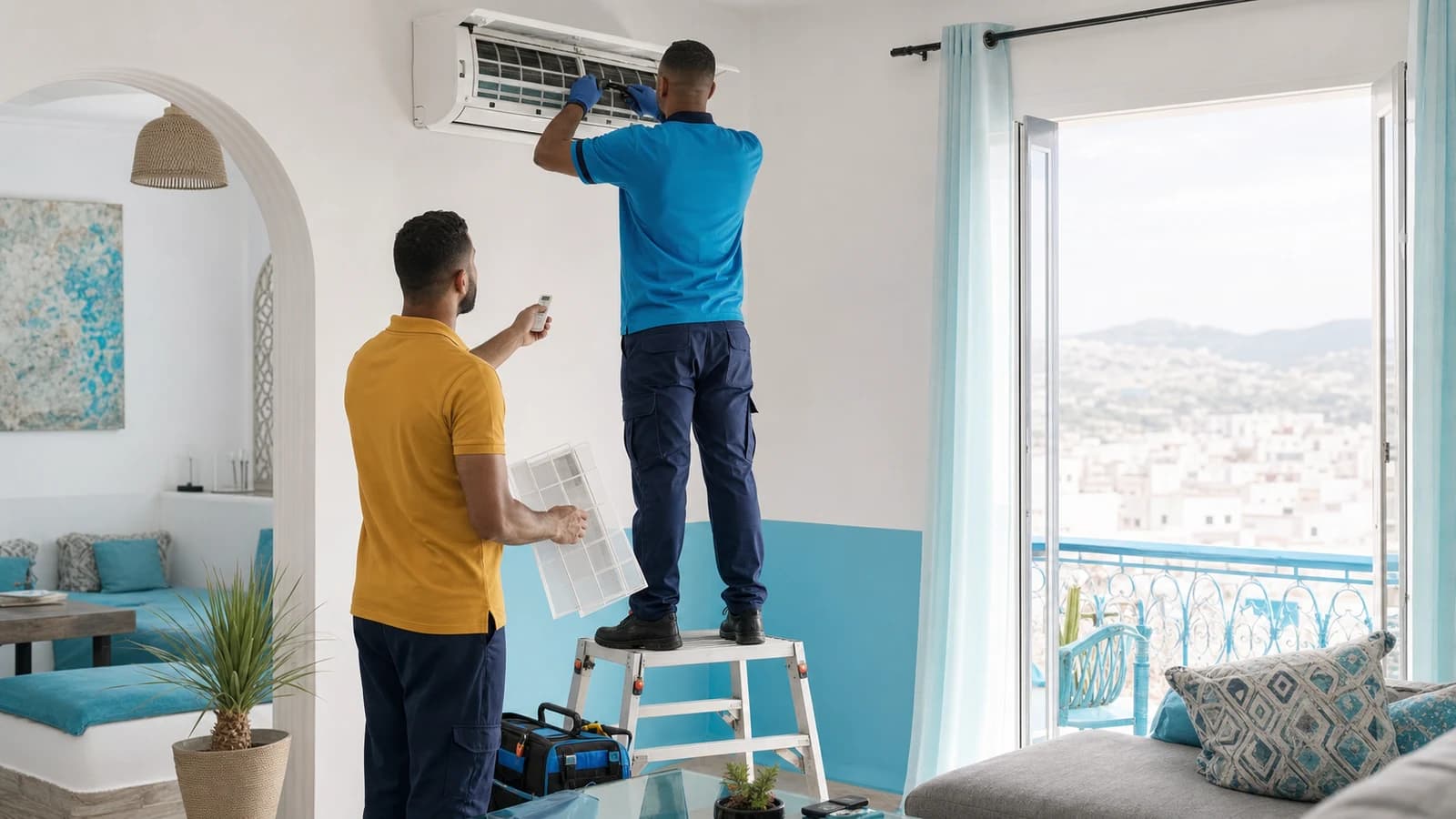 Technicien entretenant une climatisation dans un salon