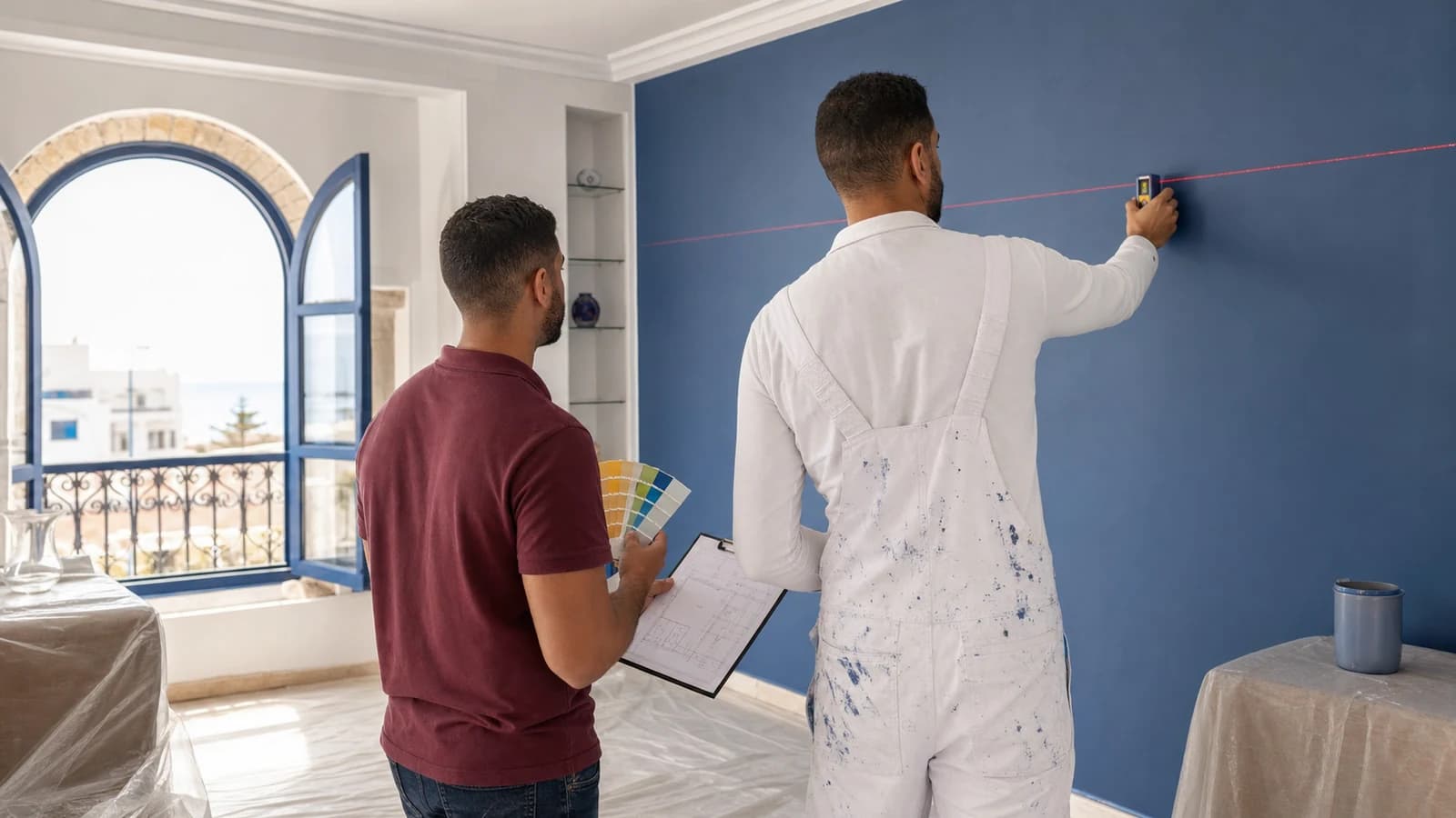 Peintre mesurant un mur bleu avec un client