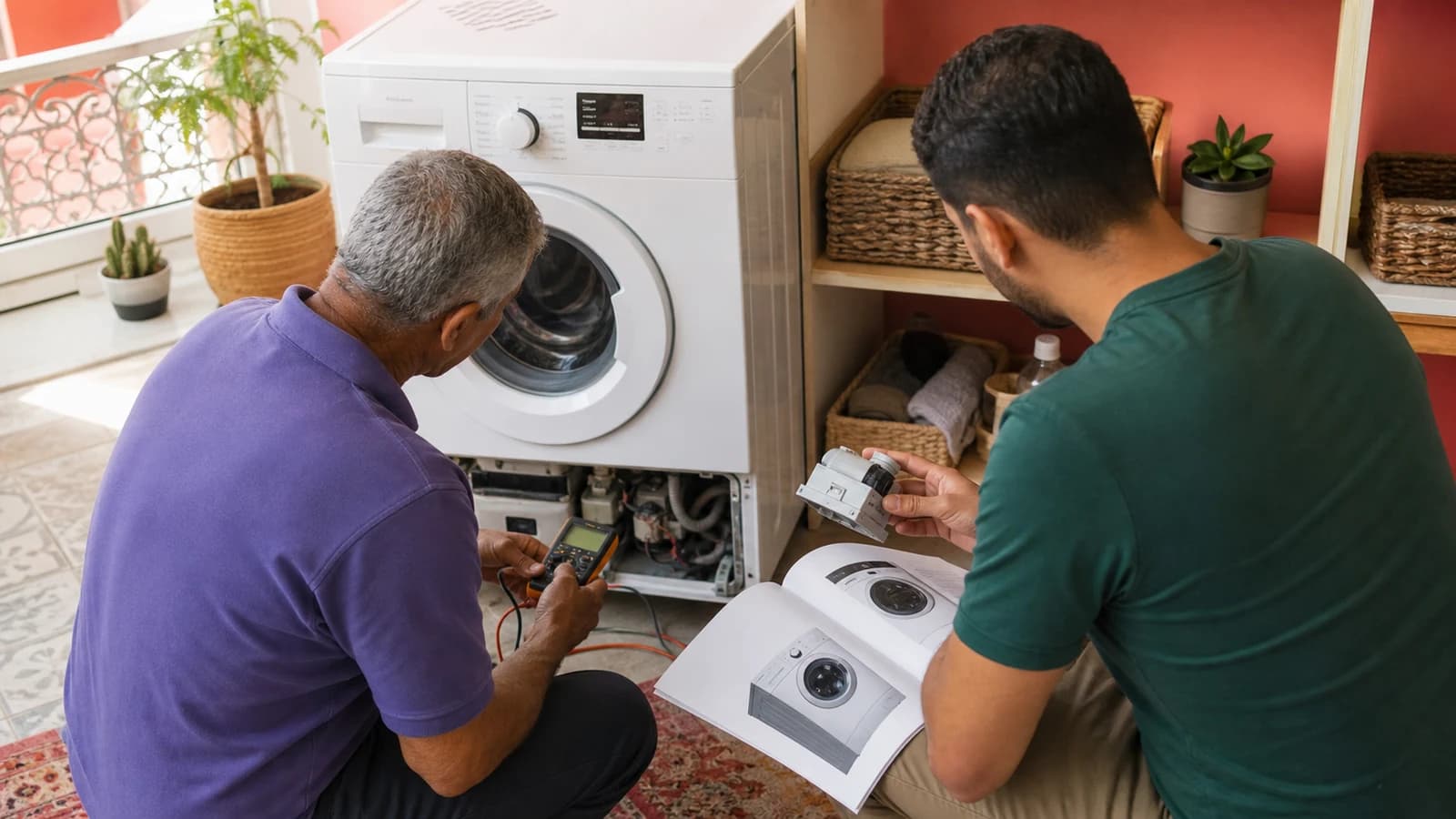 Réparateur diagnostiquant un lave-linge avec son propriétaire