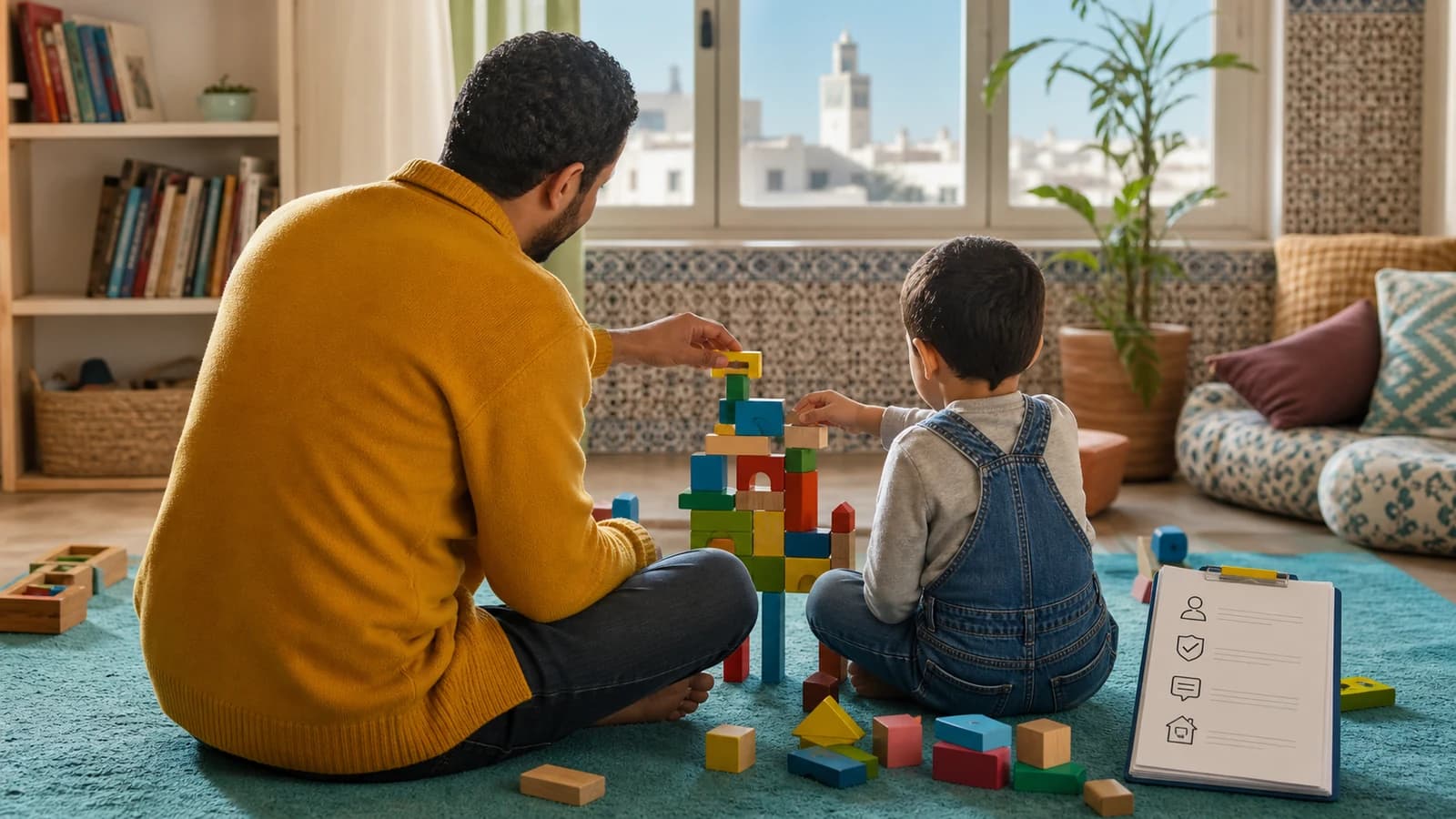Homme gardant un jeune garçon pendant un jeu de construction