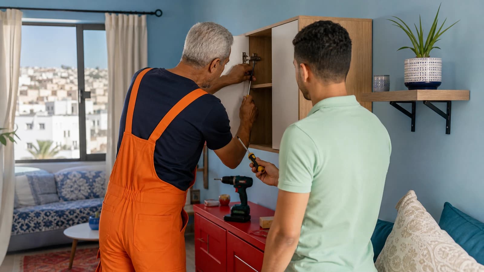 Professionnel réalisant plusieurs petits travaux dans un appartement