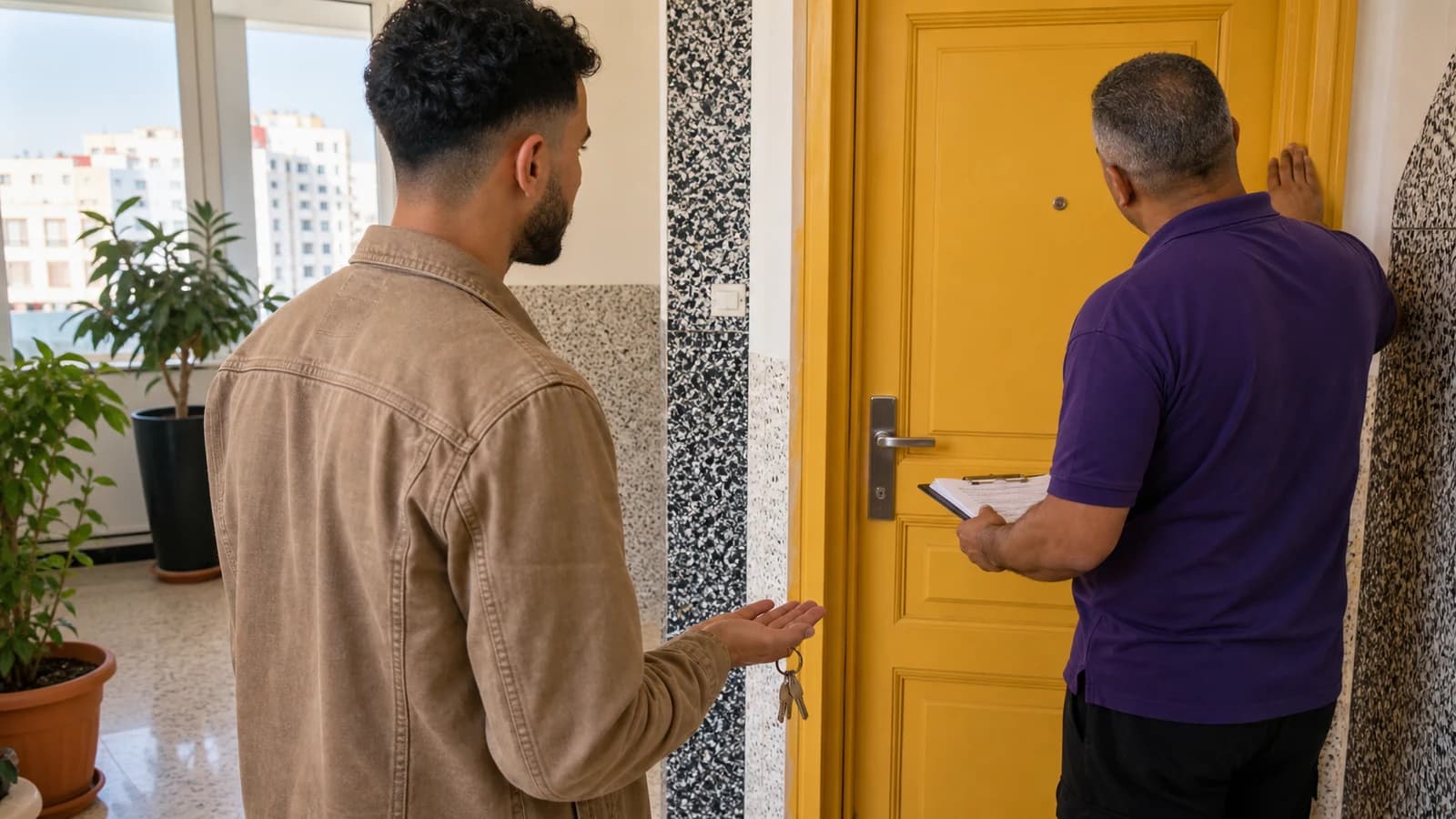 Résident et professionnel vérifiant une porte bloquée jaune