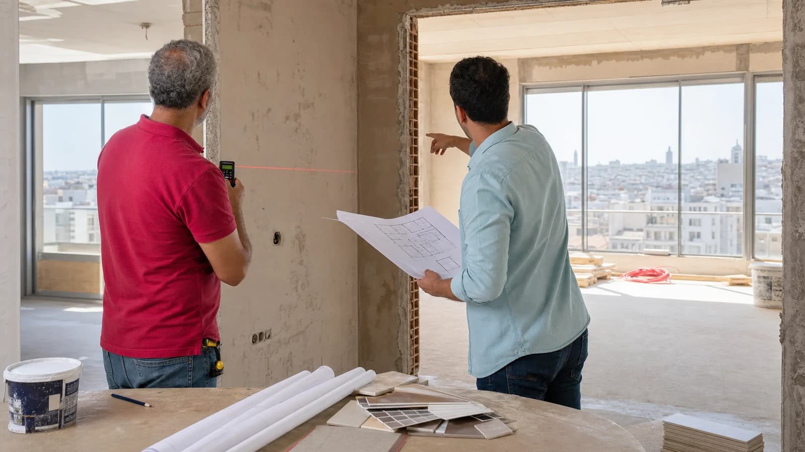 Entrepreneur et propriétaire préparant le devis d'une rénovation